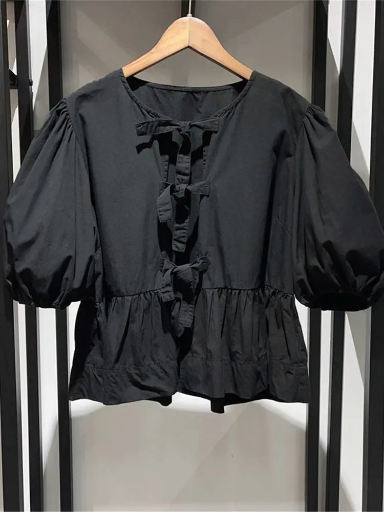 Lace-up Puff Sleeve Shirt Summer Blouse